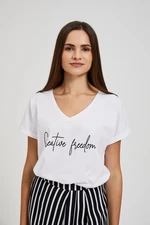 Women's T-shirt with V-neck and MOODO inscription - white