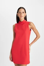 DEFACTO Half Turtleneck Basic Plain Button Sleeveless Mini Red Dress