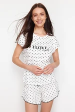 Trendyol White Cotton Polka Dot and Slogan Printed Knitted Pajamas Set