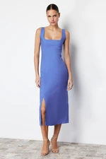 Trendyol Indigo A-line Square Collar Slit Strap Midi Woven Dress