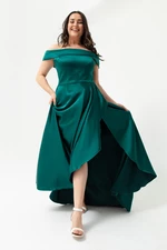 Lafaba női smaragdzöld plus size szatén estélyi ruha és báli ruha hajógallérral