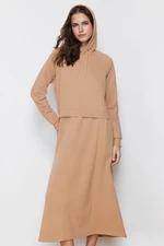 Trendyol Camel Oversize Hooded Knitted Sweatshirt Dress