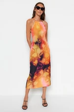 Trendyol Orange Floral Print Straight Cut Halter Neck Midi Satin Lined Woven Dress