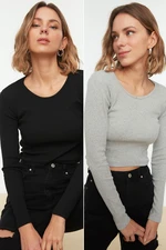 Trendyol Black-Grey 2 Pack Fitted Wide Collar Ribbed Flexible Crop Knitted Blouse