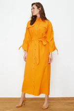 Trendyol Orange Belted Cotton Woven Shirt Dress with Adjustable Sleeves