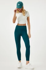 Happiness İstanbul Women's Emerald Green High Waist Ribbed Seamless Knitted Tights