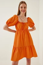 Happiness İstanbul Women's Orange Pleated Collar Flare Poplin Dress