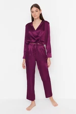 Trendyol Purple Double Breasted Collar Waist Detail Satin Woven Pajamas Set