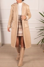 armonika Women's Beige Shearling Pocket Detailed Buttoned Suede Long Coat