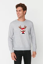 Trendyol Men's Gray Melange Regular Fit Christmas Printed Thick Fleece Sweatshirt