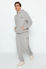 Trendyol Men's Gray Oversize Hooded Elastic Leg Embroidered Welded Fleece Tracksuit Set