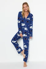 Trendyol Navy Blue 100% Cotton Fun Printed Shirt-Pants Knitted Pajamas Set