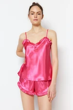 Trendyol Fuchsia Frilly Satin Singlet-Shorts, Woven Pajamas Set