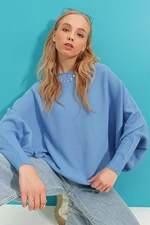 Trend Alaçatı Stili női kék hajó nyak sebes ujjú kötöttáru pulóver