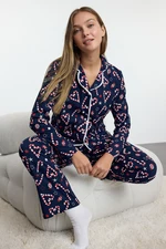 Trendyol Navy Blue 100% Cotton Christmas Themed Piping Knitted Pajamas Set