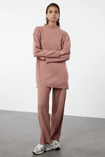 Trendyol Dried Rose Corded Knitted Basic Knitwear Top and Bottom Set