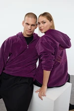 Trendyol Purple Unisex Oversize/Wide Cut Half Zip Hooded Embroidered Fleece Sweatshirt