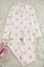 Trendyol Ecru 100% Cotton Slogan Heart Patterned Knitted Pajama Set