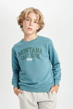 DEFACTO Boy Green Regular Fit Crew Neck Text Printed Sweatshirt