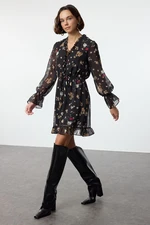 Trendyol Black Floral Patterned Mini Lined Chiffon Woven Dress with Waist Opening Skirt