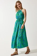 Happiness İstanbul Women's Green Blue Halter Collar Summer Viscose Dress