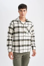 DEFACTO Men's Khaki Regular Fit Regular Cut Polo Collar Plaid Lumberjack Flannel Long Sleeve Shirt