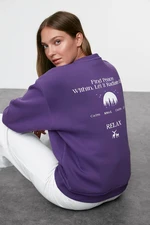 Trendyol Purple Oversize/Wide Pattern Slogan Printed Thick Polar Fleece Knitted Sweatshirt