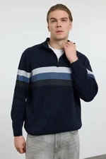 Trendyol Navy Blue Regular Cotton Half Turtleneck Color Block Knitwear Sweater