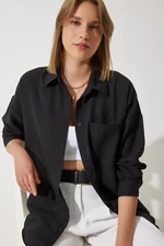 Happiness İstanbul Women's Black Oversize Linen Ayrobin Shirt