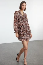 Trendyol Brown Leopard Printed Ruffle Detailed A Line/Bell Cut Balloon Sleeve Mini Knitted Dress