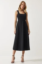 Happiness İstanbul Women's Black Square Collar A-line Dress