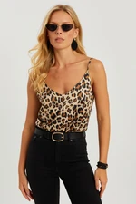 Cool & Sexy Women's Camel Leopard Patterned Satin Blouse