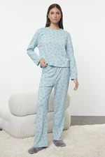 Trendyol Blue 100% Cotton Teddy Bear Patterned Knitted Pajama Set