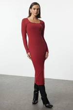 Trendyol Burgundy Ribbed Square Neck Fitted Long Sleeve Slit Midi Dress