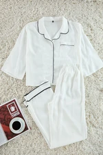 Trendyol White Viscose Shirt-Pants Woven Pajama Set with Piping