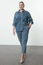 Trendyol Curve Light Blue Stoned Plus Size Denim Shirt