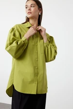 Trendyol Oil Green Balloon Sleeve Back Long Pocket Detailed Basic Woven Shirt