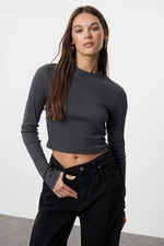 Trendyol Anthracite Washed Fitted Crop High Collar Ribbed Stretchy Knitted Blouse