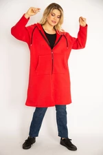 Šans dámsky kabát s kapucňou, veľkosť plus, červený, s vnútorným flísom, predným zipsom a klokankovým vreckom