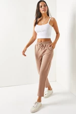 Olalook Women's Milk Brown Waist Elastic Pocket Carrot Trousers
