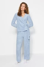 Trendyol Light Blue Double-Breasted Collar Wellsoft Shirt-Pants and Knitted Pajamas Set
