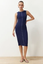 Trendyol Navy Blue Fitted/Body-Sitting Cot Stitching Detailed Ribbed Flexible Knitted Midi Dress