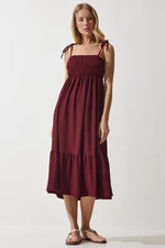 Happiness İstanbul Women's Burgundy Strappy Crinkle Summer Knitted Dress