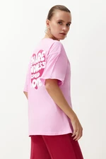 Trendyol Pink 100% Cotton Back and Front Heart Printed Oversize/Relaxed Fit Knitted T-Shirt