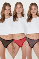 Trendyol 3-Pack Black-Multicolor Tulle Printed Thong Knitted Briefs