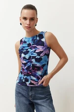 Trendyol Blue Abstract Patterned Gathered/Drape Detailed Regular/Regular Fit Knitted Blouse