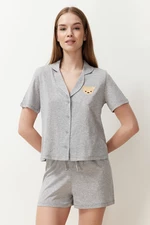 Trendyol Gray Melange Cotton Teddy Bear Embroidered Shirt-Shorts Knitted Pajamas Set