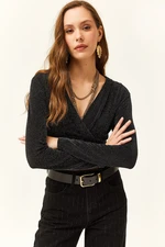 Olalook Women's Black Double Breasted Silvery Crop Blouse