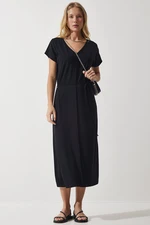 Happiness İstanbul Women's Black Belted V Neck Viscose Dress