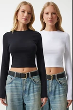 Happiness İstanbul Women's Black and White Crew Neck Basic 2-Pack Crop Knitted Blouse